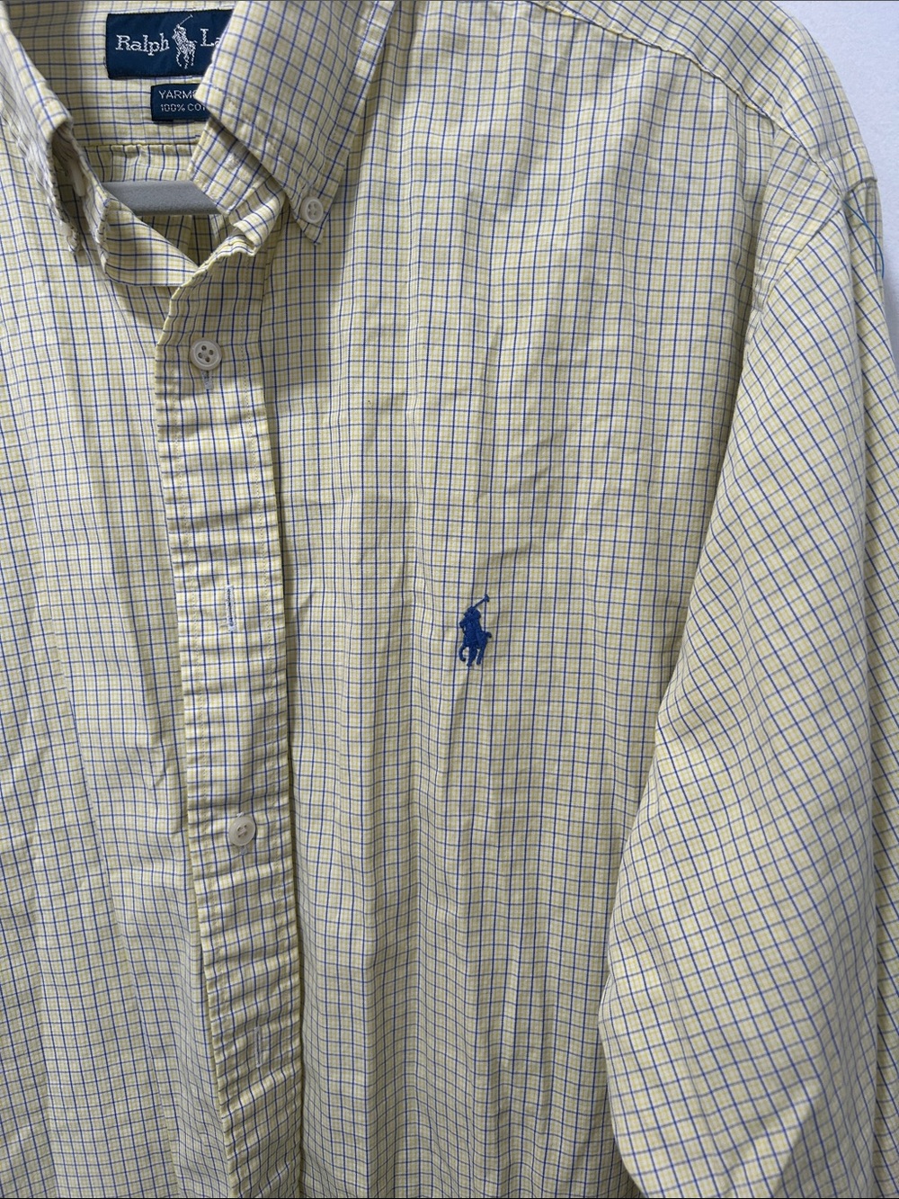 Ralph Lauren Men's Pale Yellow and Blue Check Button-Down Shirt - Picture 3 of 7